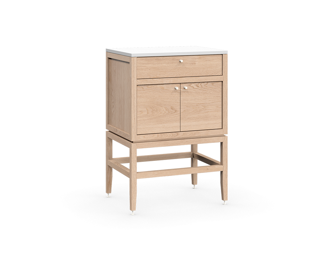 Coquo modular kitchen cabinet with two doors and one drawer in natural oak with metal handles.