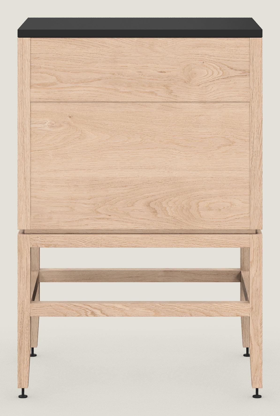 Coquo modular kitchen cabinet with two doors and one drawer in natural oak with metal handles.