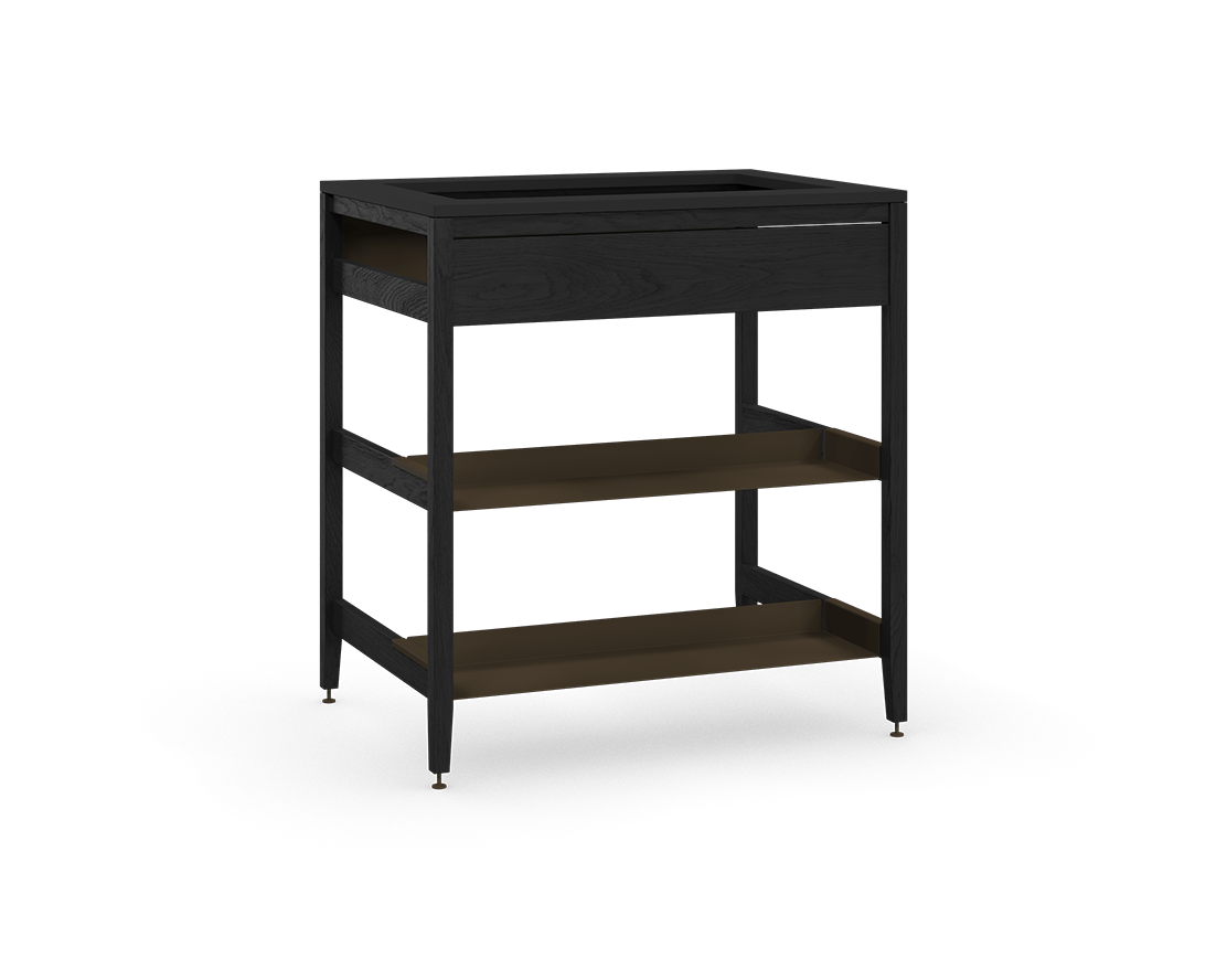 Coquo modular sink cabinet with false front in black stained oak with half metal shelves.