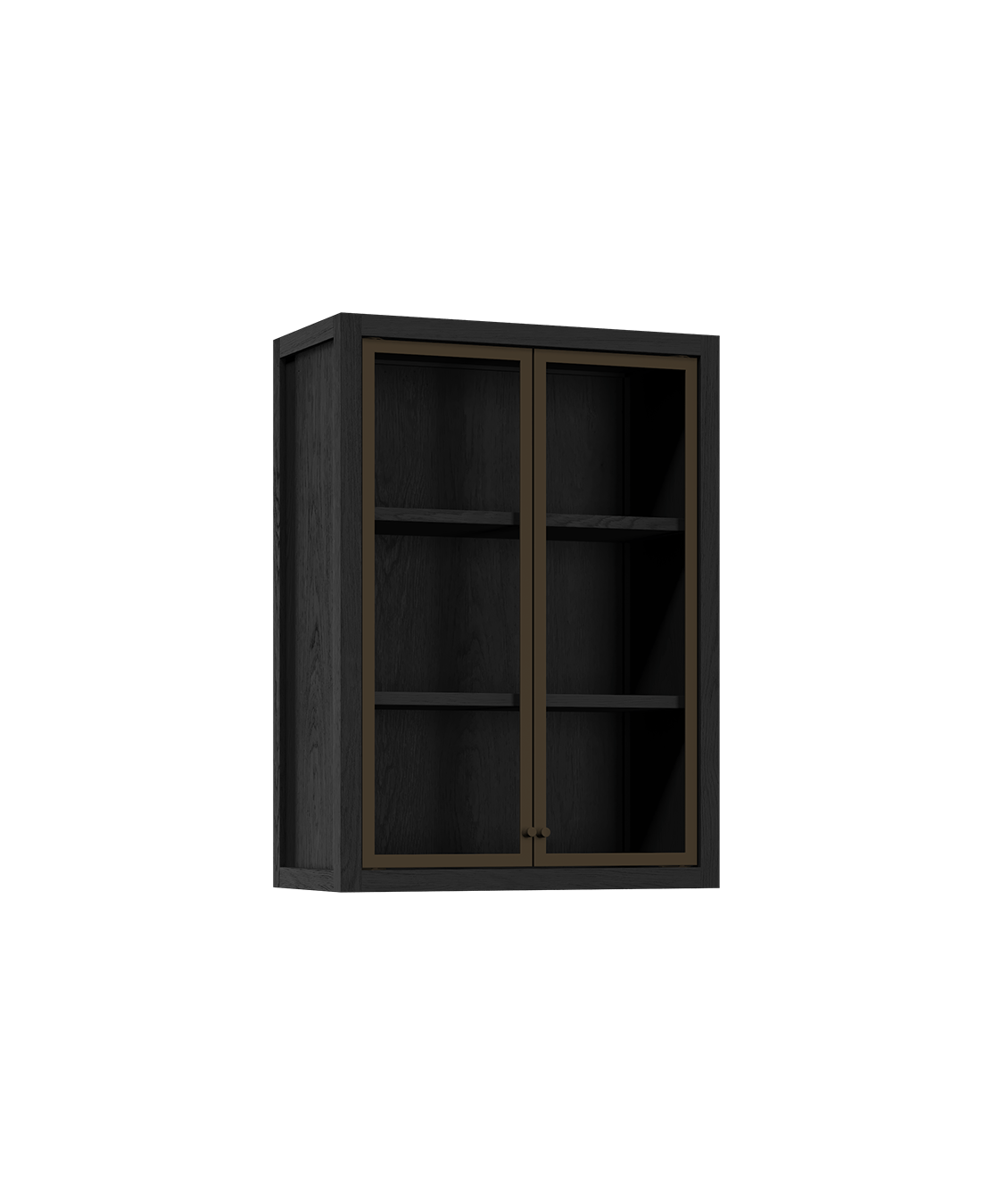 Coquo modular upper kitchen cabinet in black stained oak with glass doors.