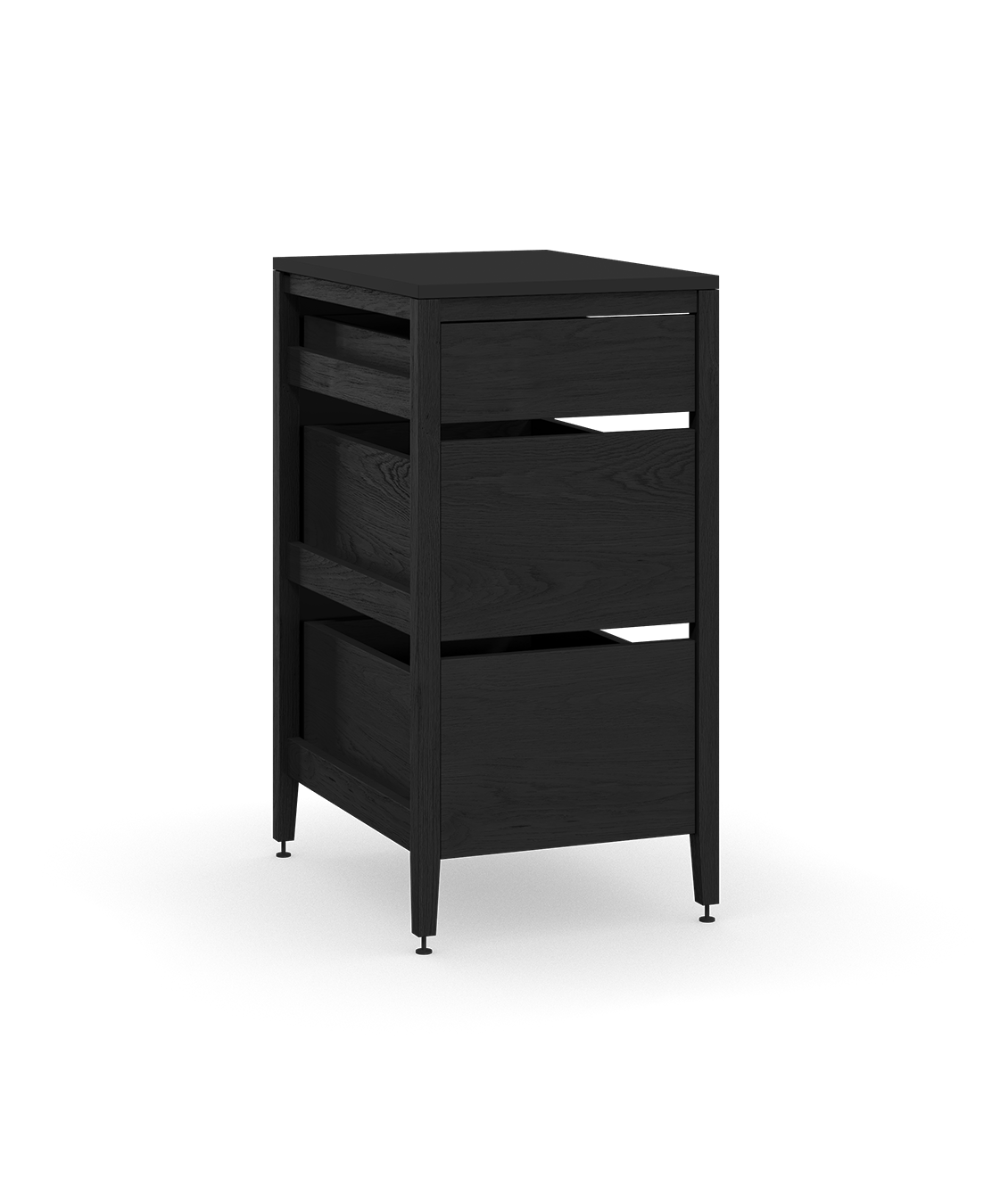 Coquo modular kitchen cabinet with 3 wood drawers in black stained oak. 