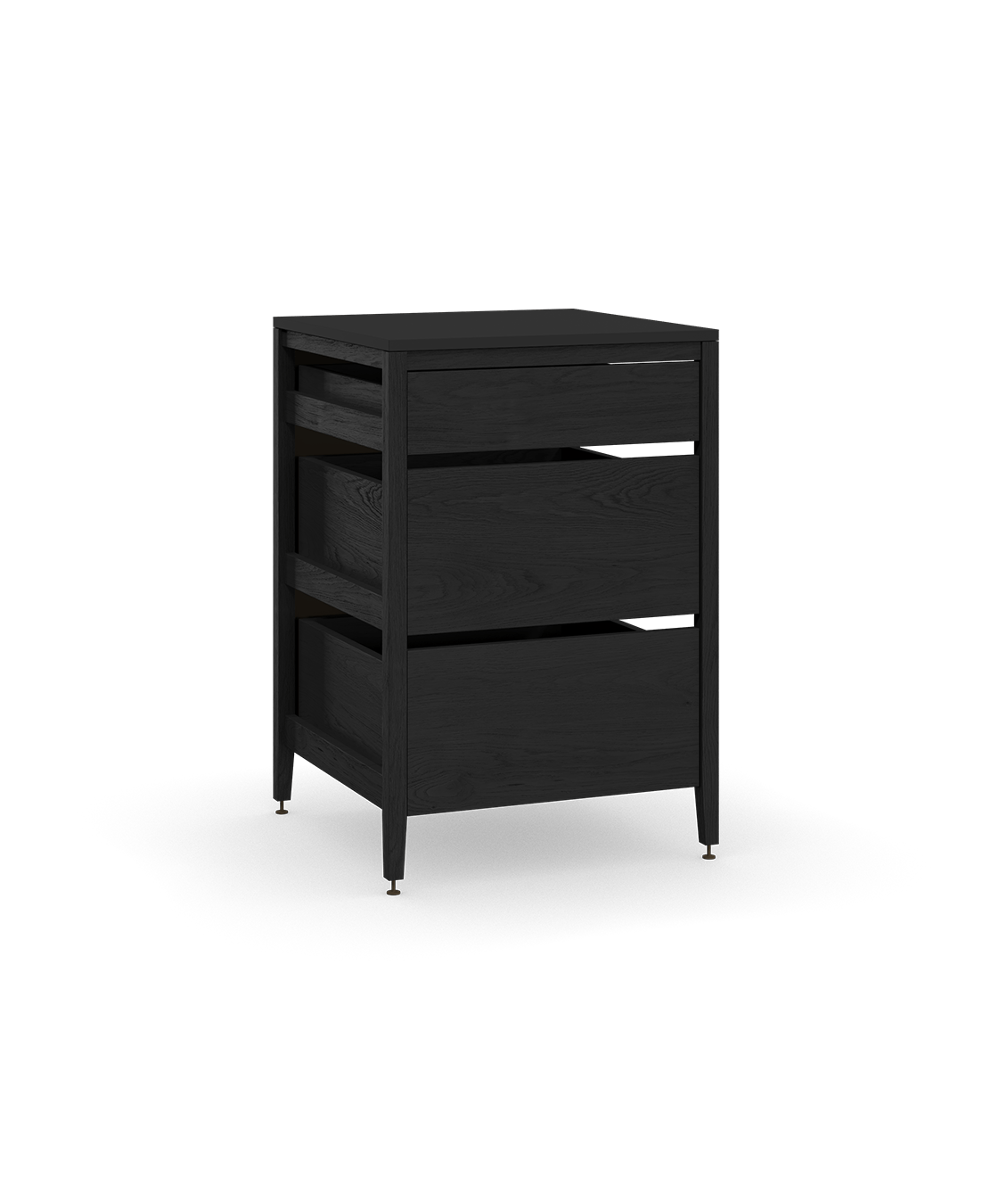 Coquo modular kitchen cabinet with 3 wood drawers in black stained oak. 