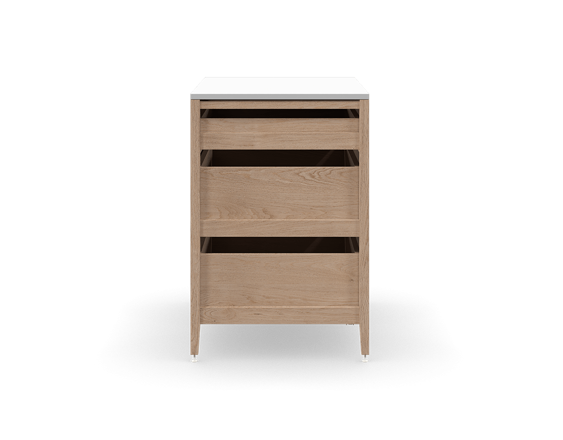 Coquo modular kitchen cabinet with 3 wood drawers in natural oak. 