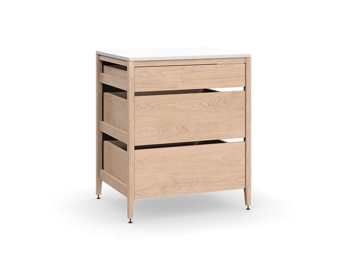 Coquo modular kitchen cabinet with 3 wood drawers in natural oak. 