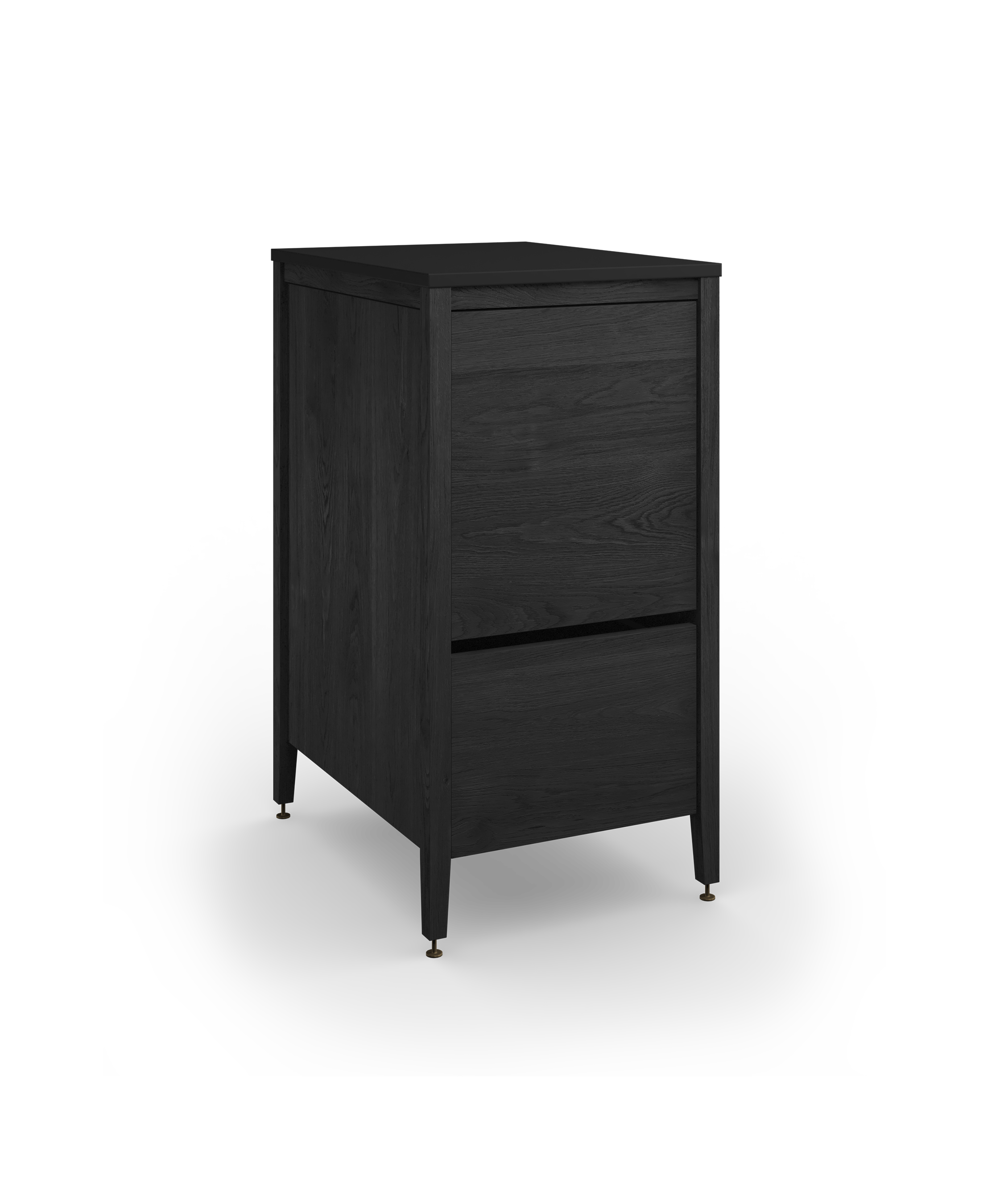 Coquo modular kitchen trash cabinet with two drawers in black stained oak. 