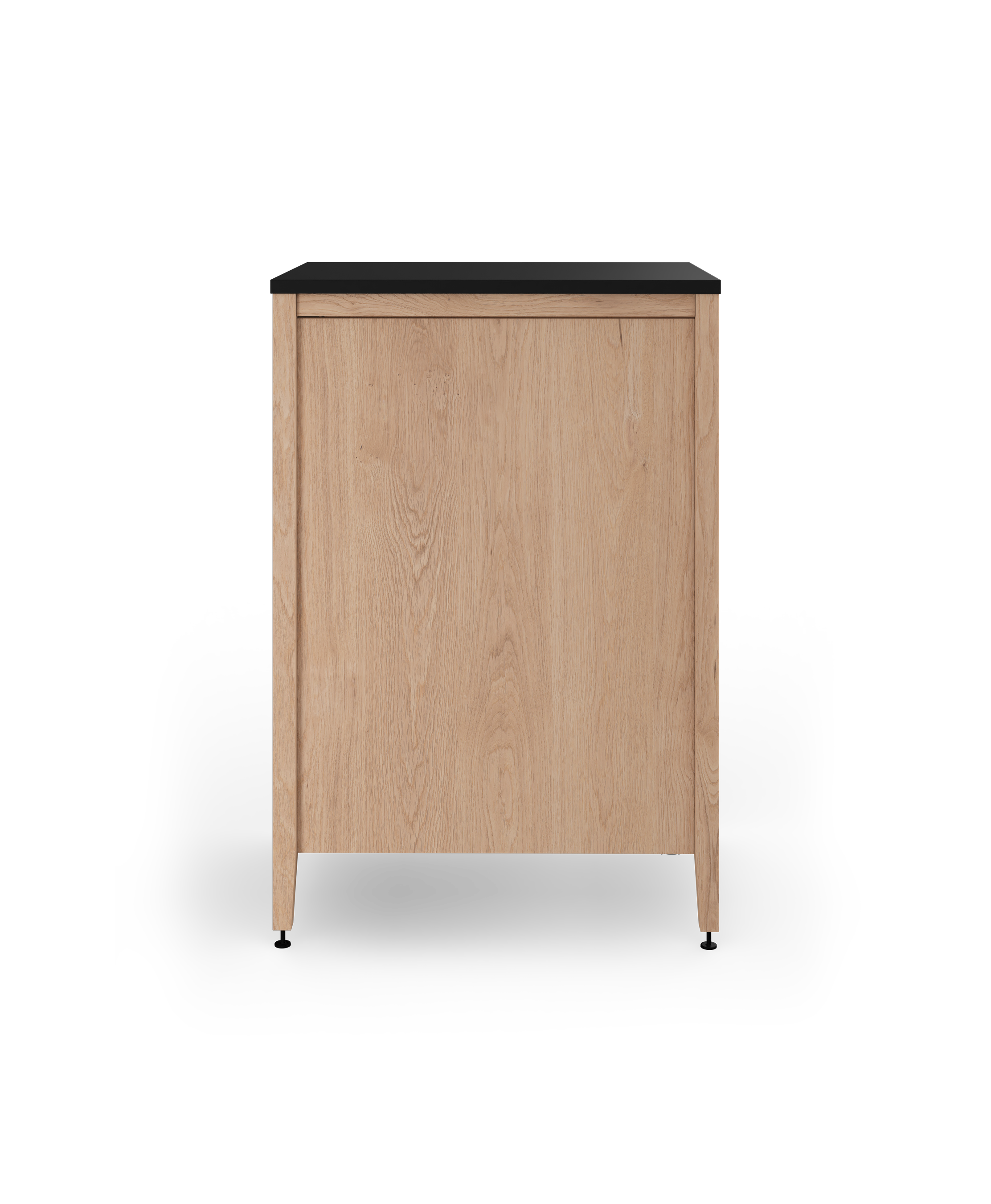 Coquo modular kitchen trash cabinet with two drawers in natural oak. 
