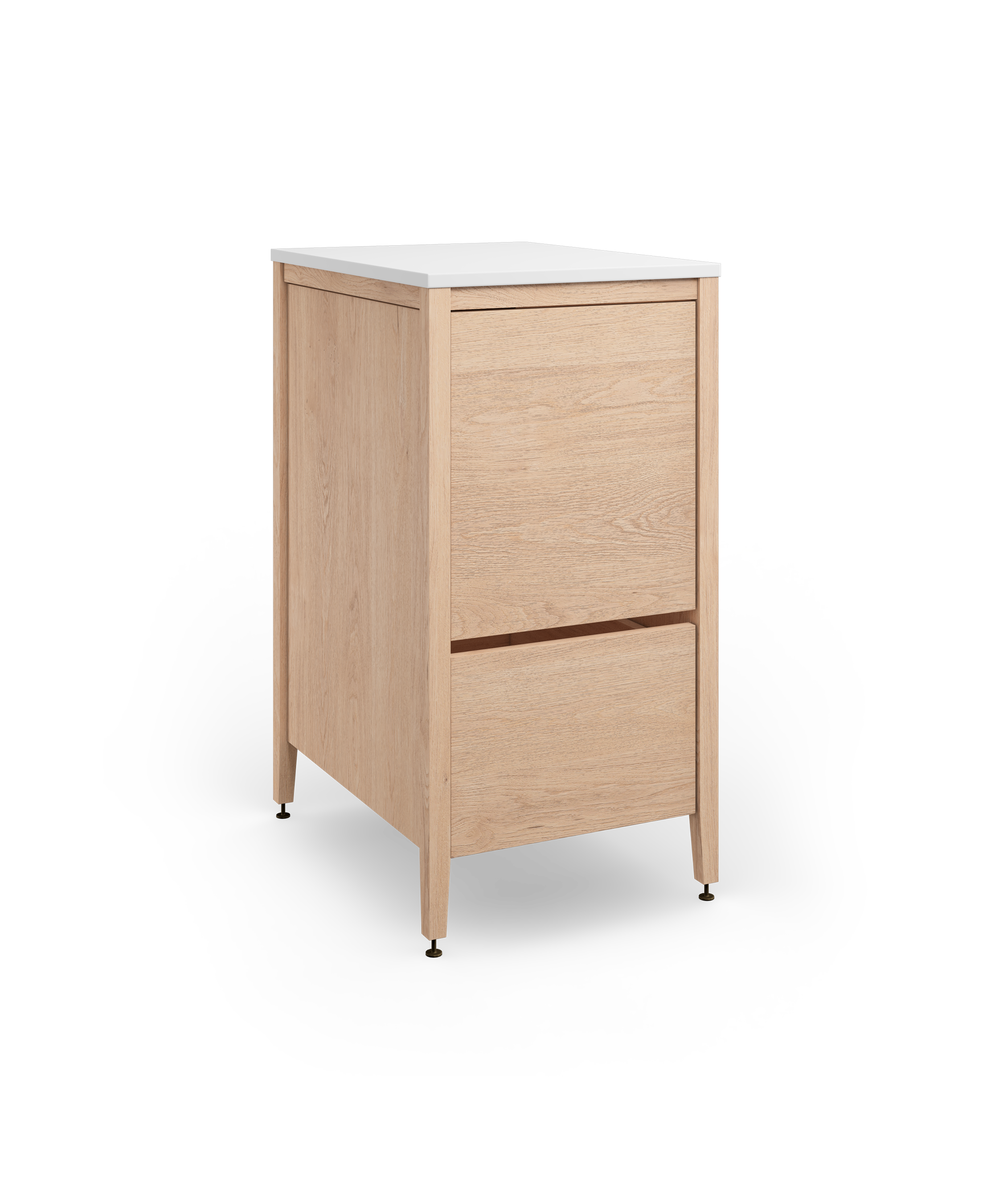 Coquo modular kitchen trash cabinet with two drawers in natural oak. 
