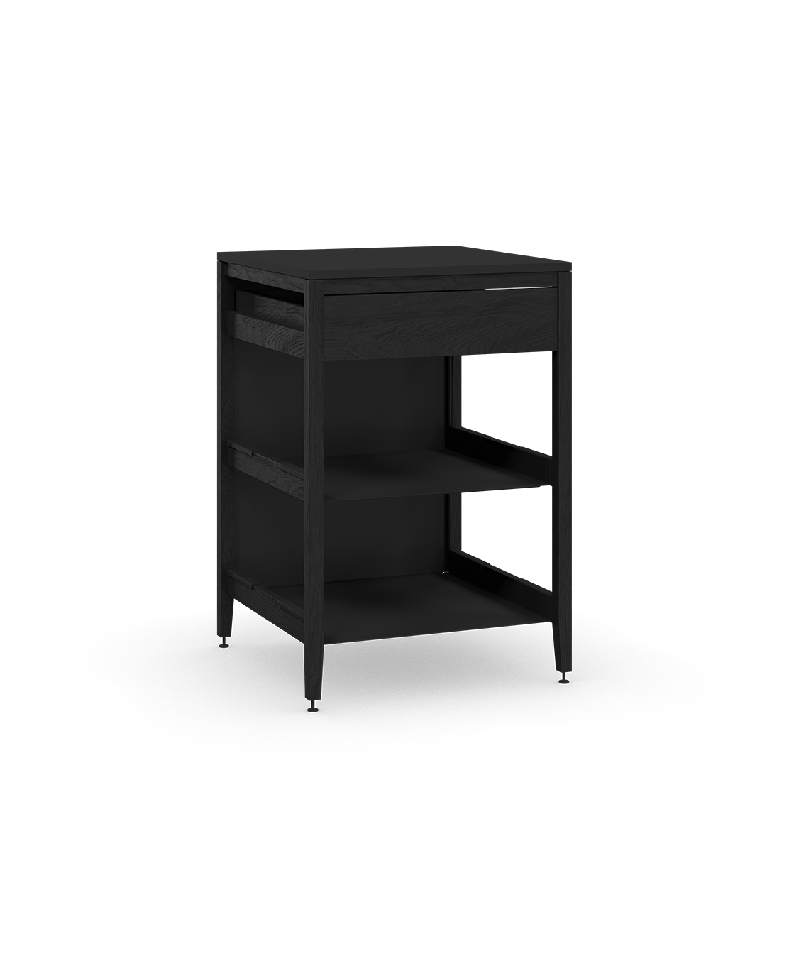Coquo modular kitchen cabinet in black stained oak with one drawer and two metal shelves with a tall metal back. 