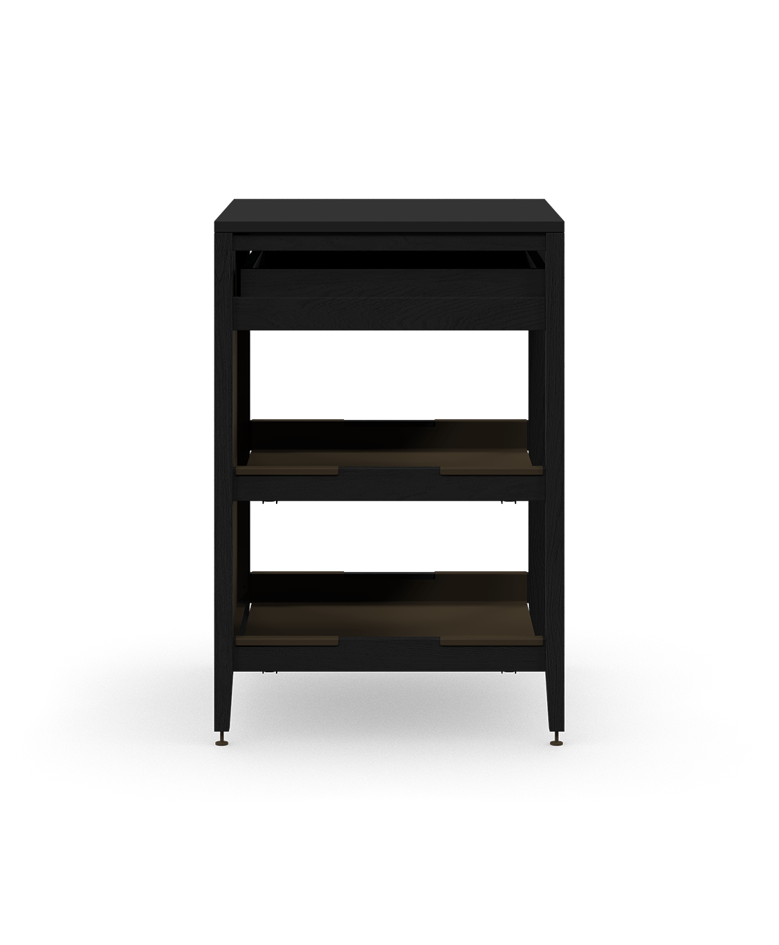 Coquo modular kitchen cabinet in black stained oak with one drawer and two metal shelves with a tall metal back. 