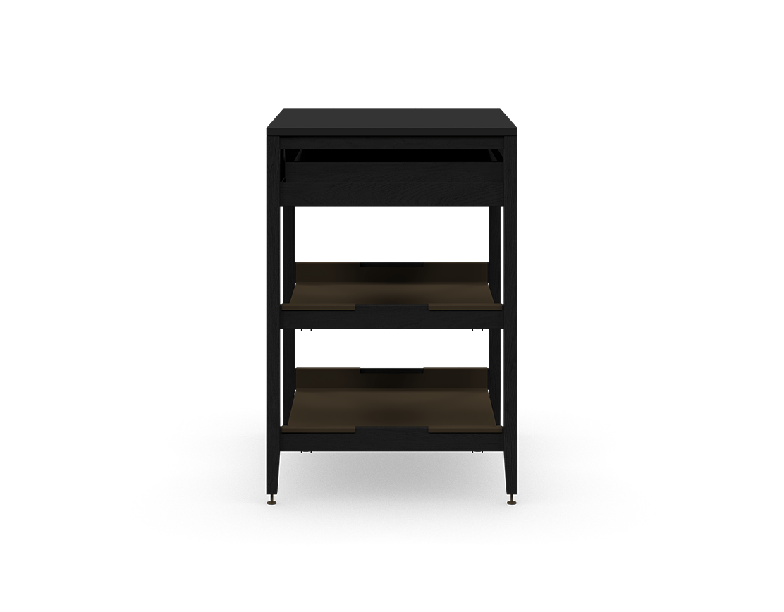 Coquo modular kitchen cabinet in black stained oak with one drawer and two metal shelves. 