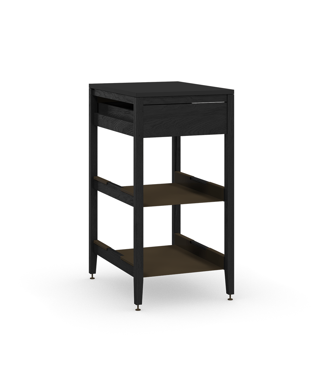 Coquo modular kitchen cabinet in black stained oak with one drawer and two metal shelves. 