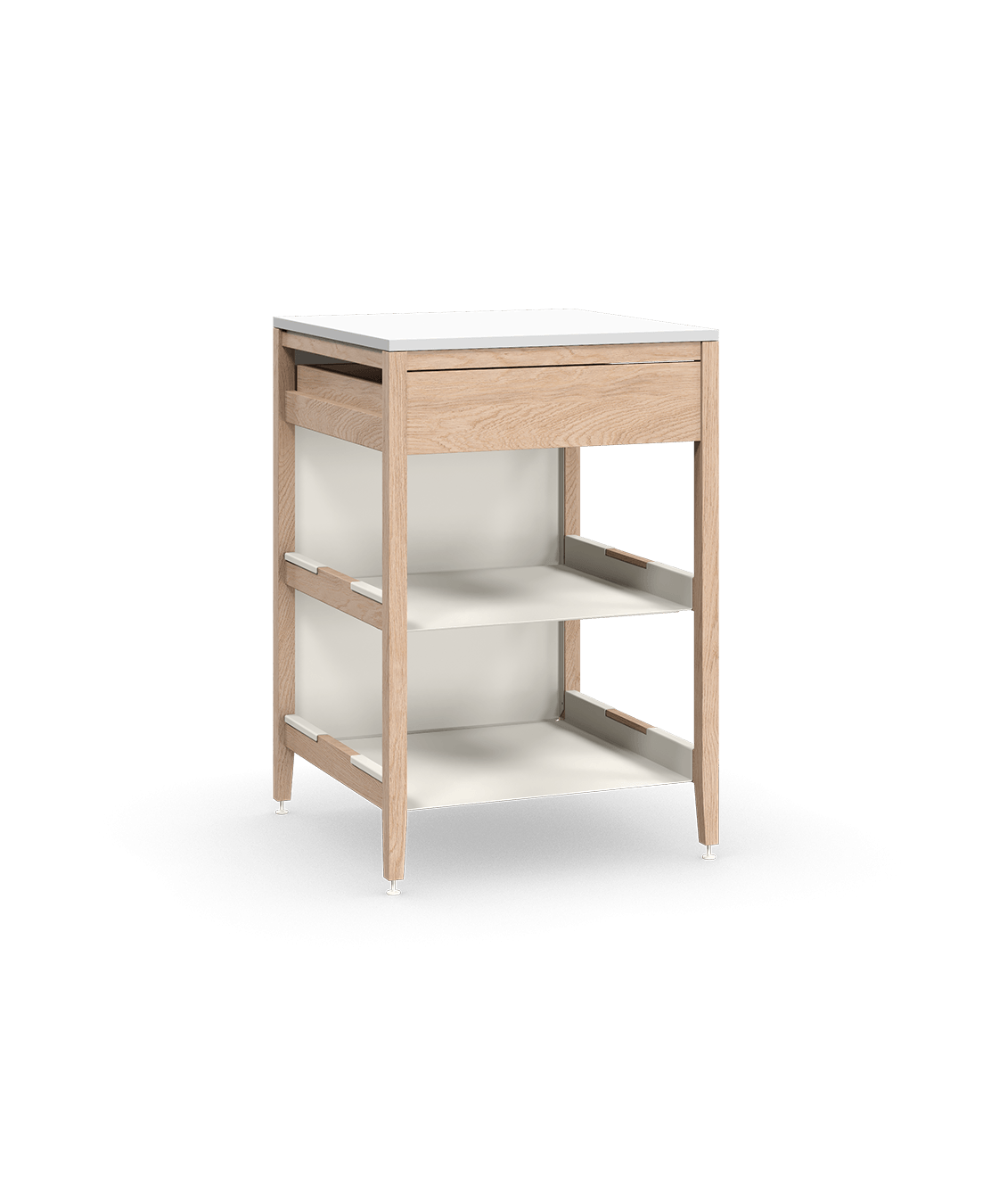 Coquo modular kitchen cabinet in natural oak with one drawer and two metal shelves with a tall metal back.
