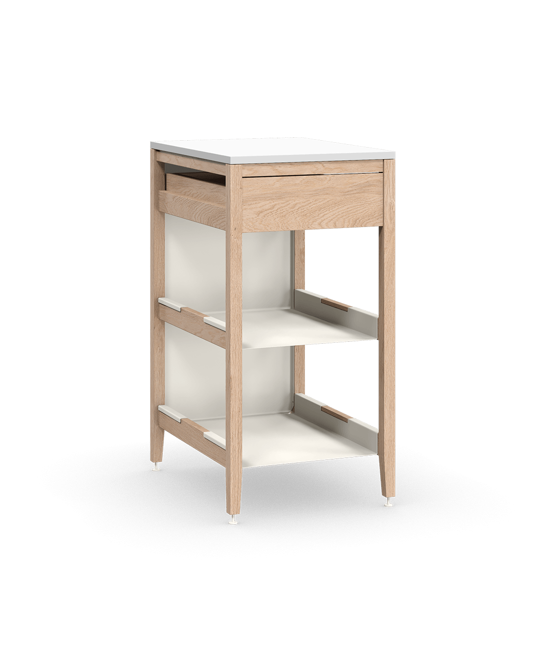 Coquo modular kitchen cabinet in natural oak with one drawer and two metal shelves with a tall metal back.