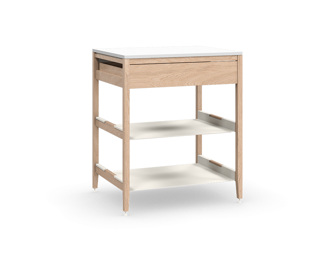 Coquo modular kitchen cabinet in natural oak with one drawer and two metal shelves.