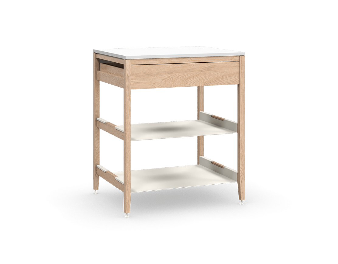 Coquo modular kitchen cabinet in natural oak with one drawer and two metal shelves.