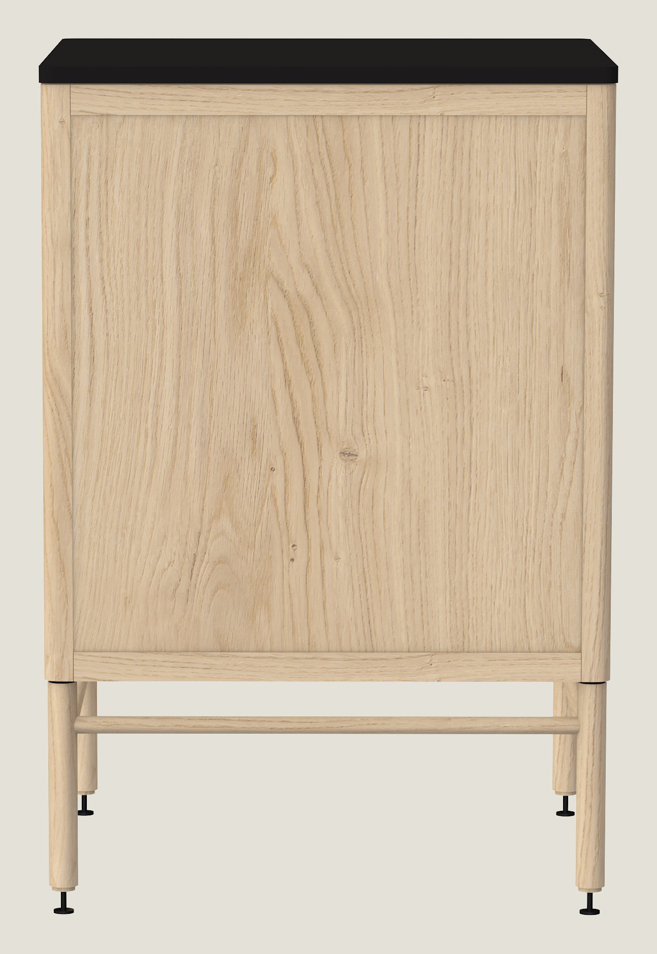 Coquo modular bathroom vanity with fix front and two doors in natural oak with metal handles.