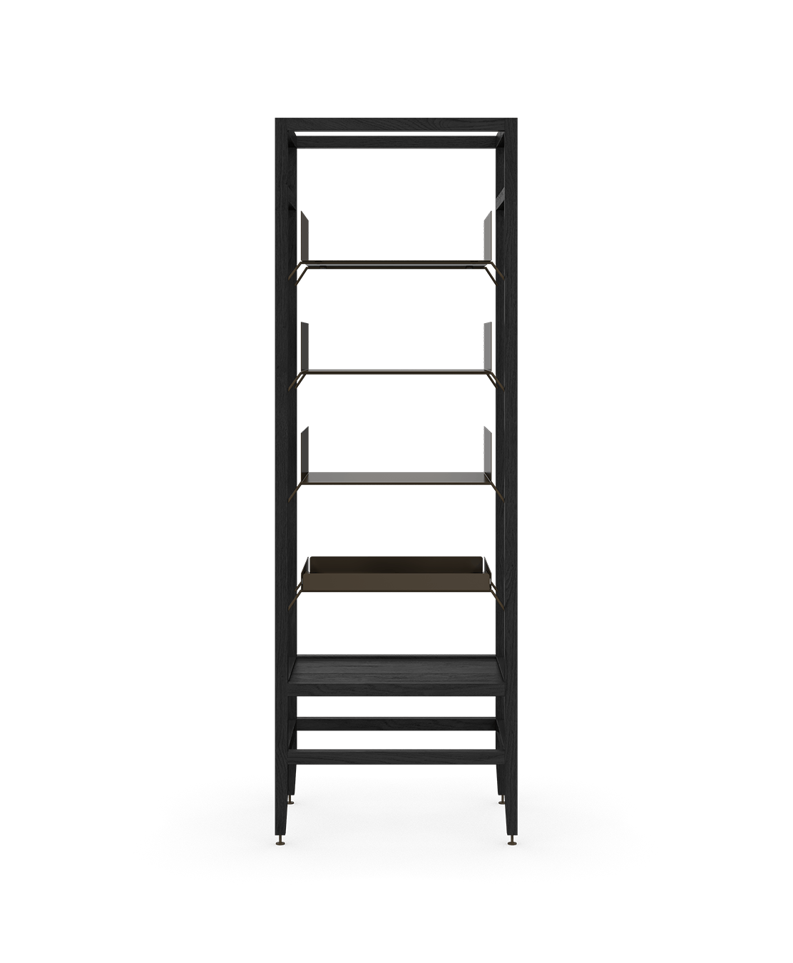 Coquo modular tall shelving unit in black stained oak and metal shelves. Perfect for the kitchen, dining or living room. 