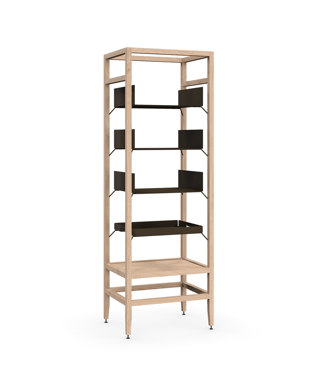 Coquo modular tall shelving unit in natural oak and metal shelves. Perfect for the kitchen, dining or living room. 