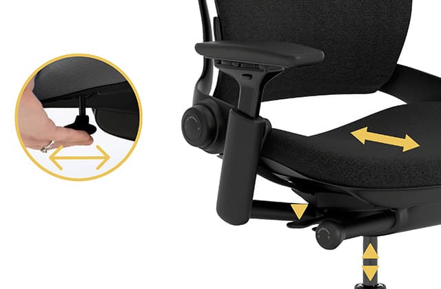 Silla de oficina Leap de Steelcase en negro, centrada en el asiento, mostrando la profundidad ajustable del asiento, sobre un fondo blanco.