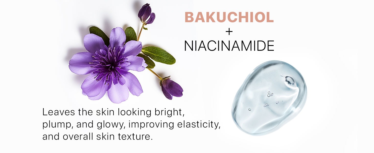 BAKUCHIOL + NIACINAMIDE
Leaves the skin looking bright, plump, and glowy, improving elasticity, and overall skin texture. 