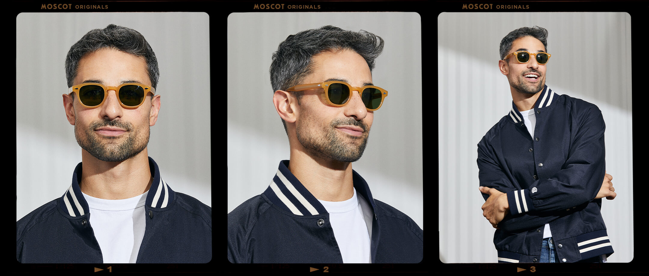 Model is wearing The LEMTOSH SUN Limited Edition in Goldenrod in size 46 with Calibar Green Glass Lenses