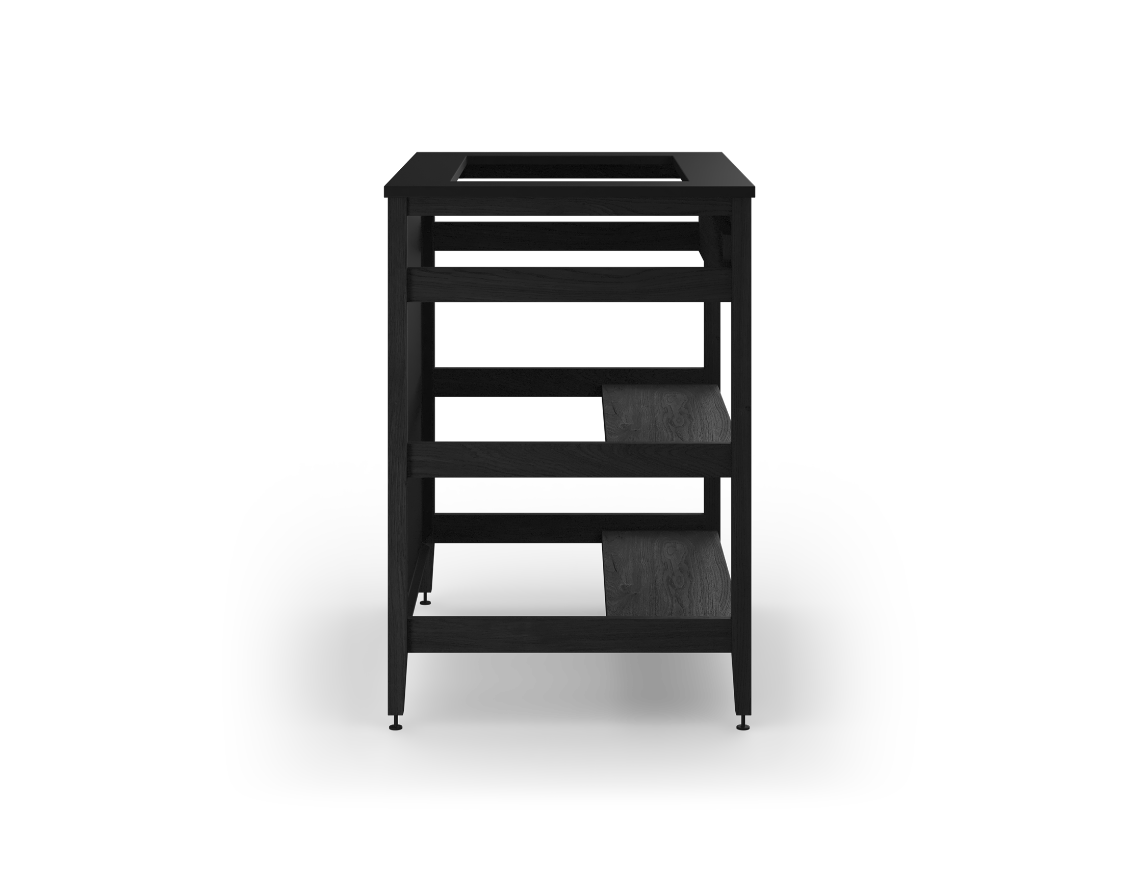 Coquo modular sink cabinet with tall metal back + Front + 2 half shelves in black stained oak.