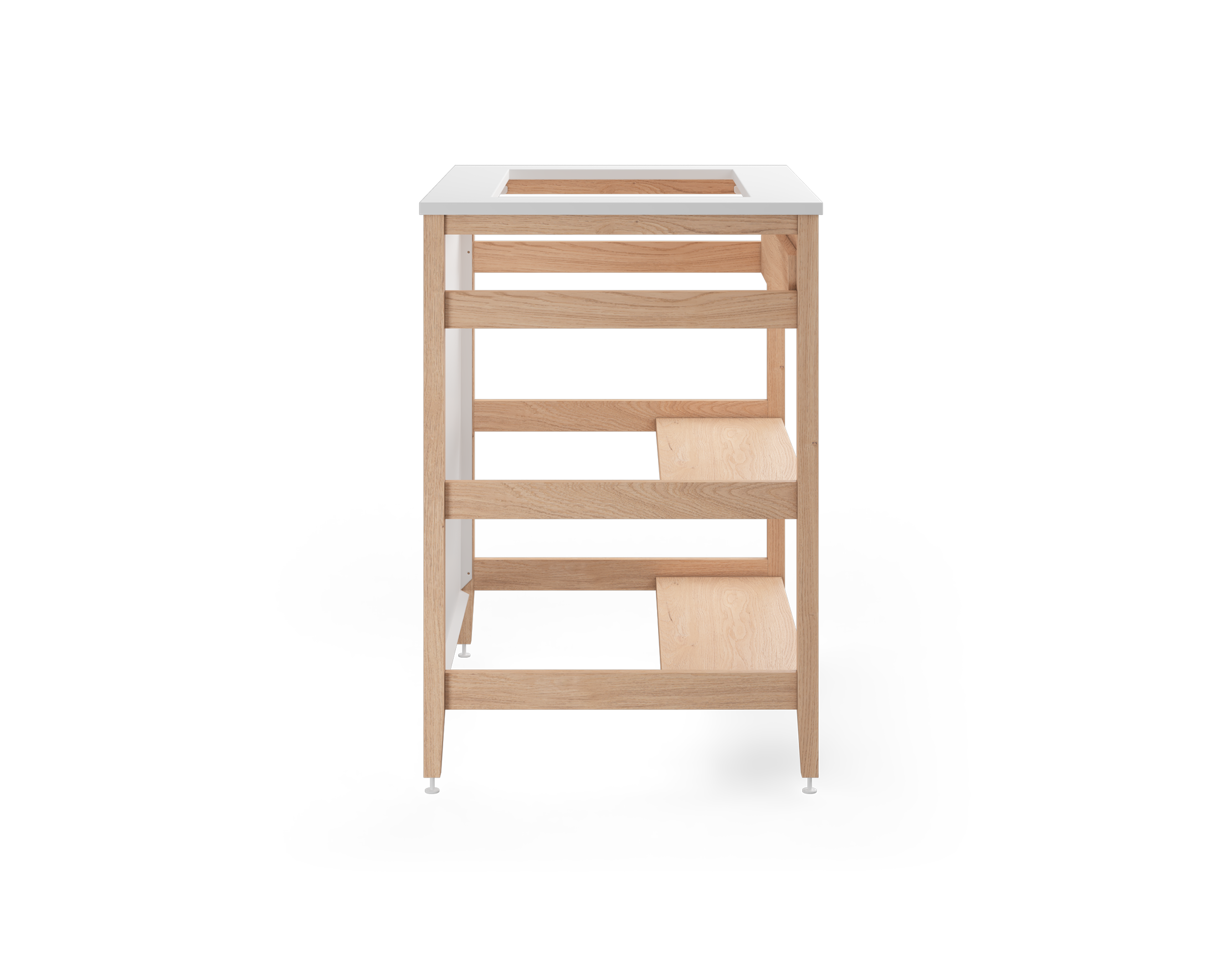 Coquo modular sink cabinet with tall metal back + Front + 2 half shelves in natural oak.
