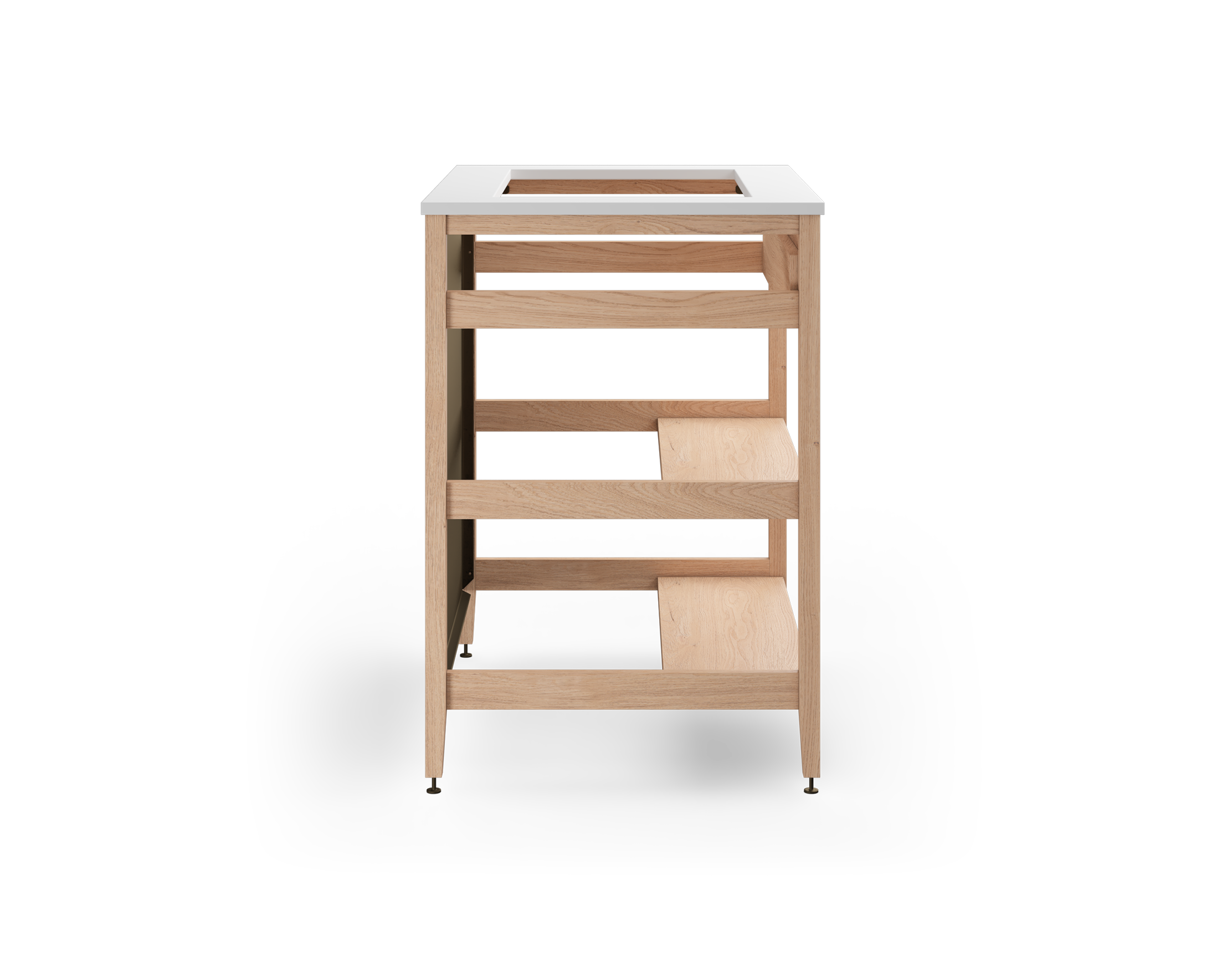 Coquo modular sink cabinet with tall metal back + Front + 2 half shelves in natural oak.
