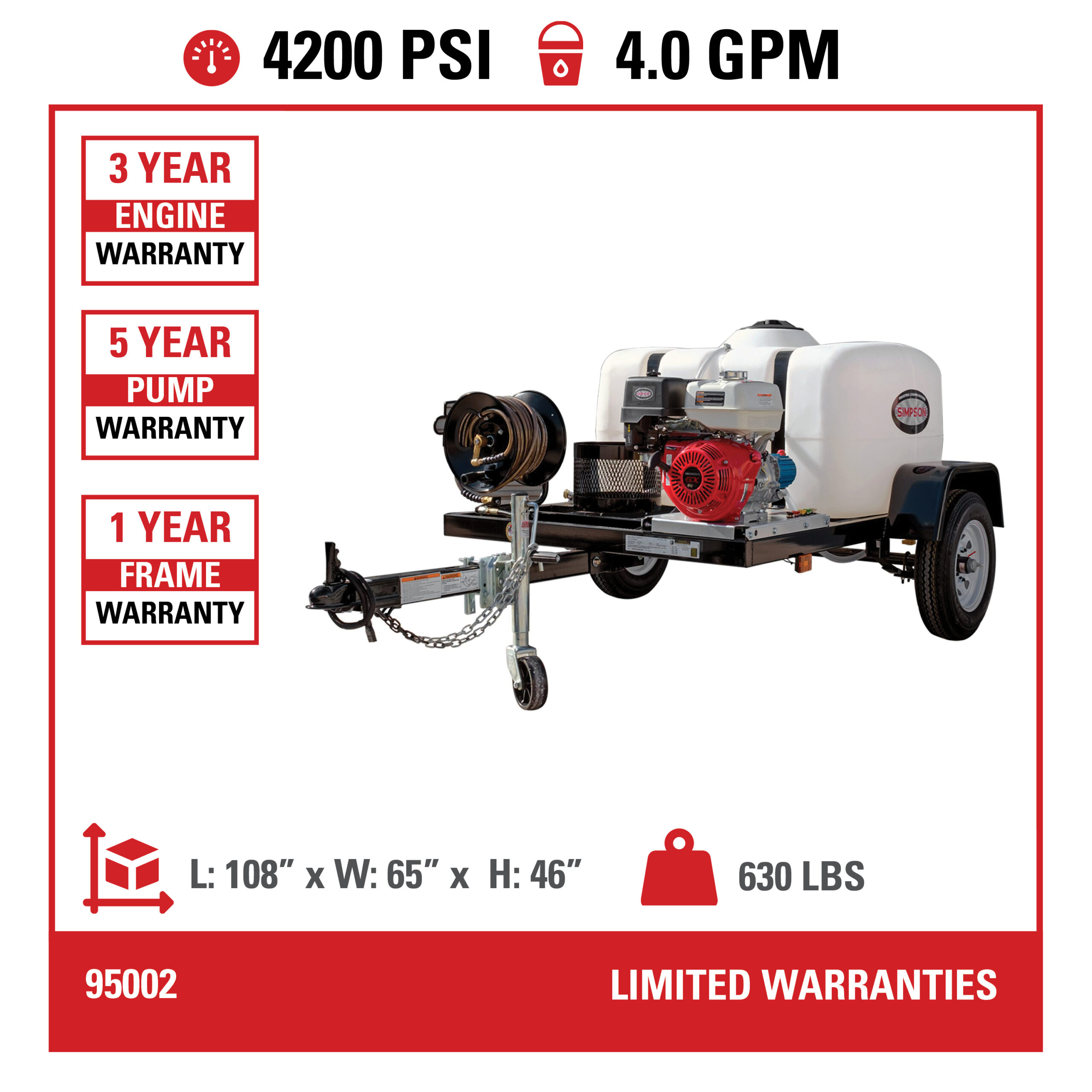 4200 PSI @ 4 GPM Direct Drive Honda GX390 Gas Pressure Washer Trailer w/ Cat Pump