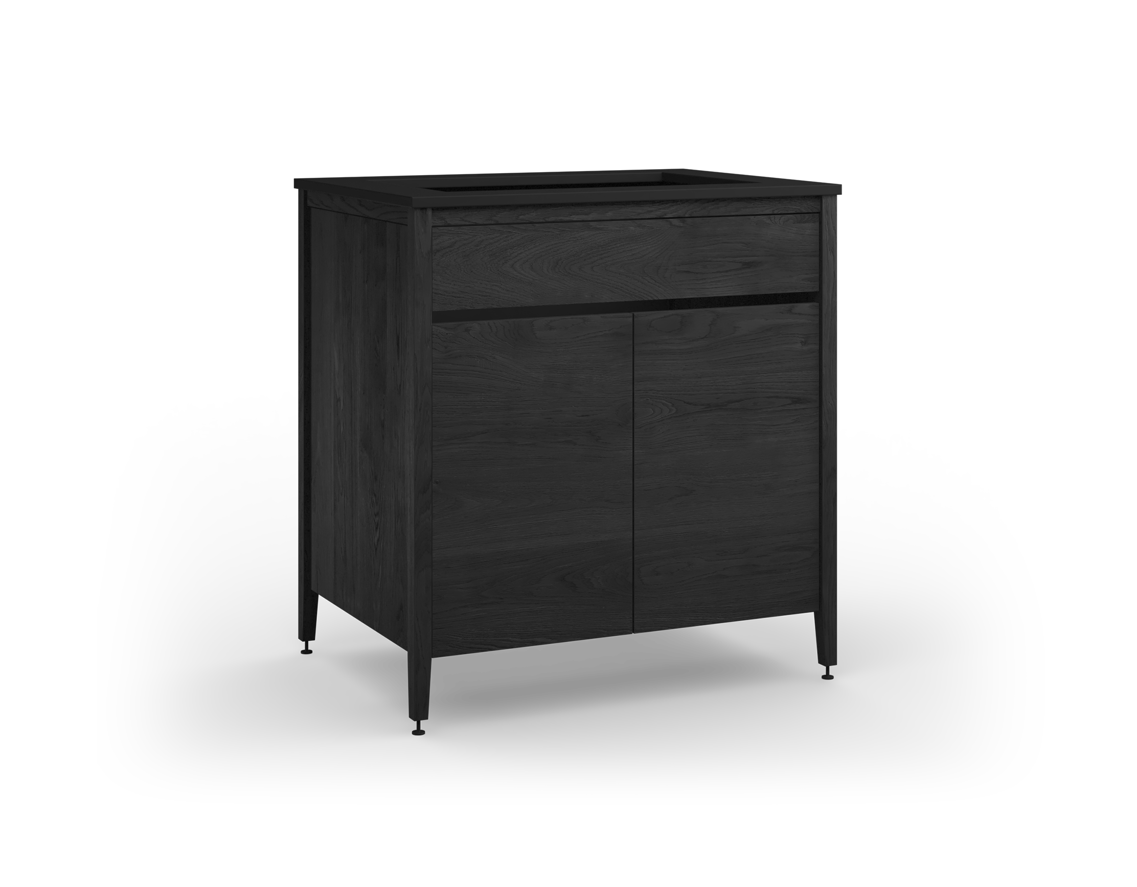 Coquo modular sink cabinet with two doors in black stained oak + tall metal back. 