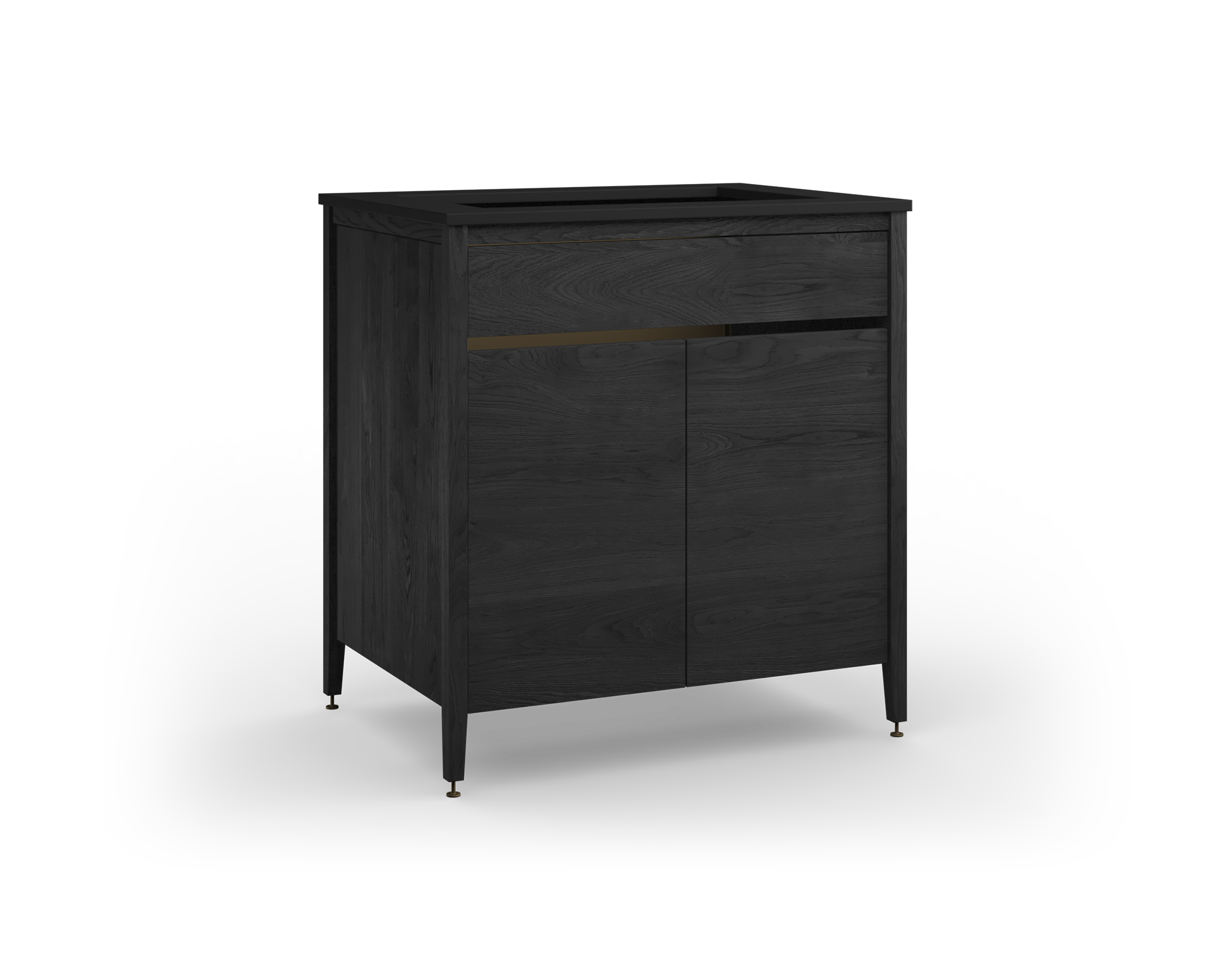 Coquo modular sink cabinet with two doors in black stained oak + tall metal back. 