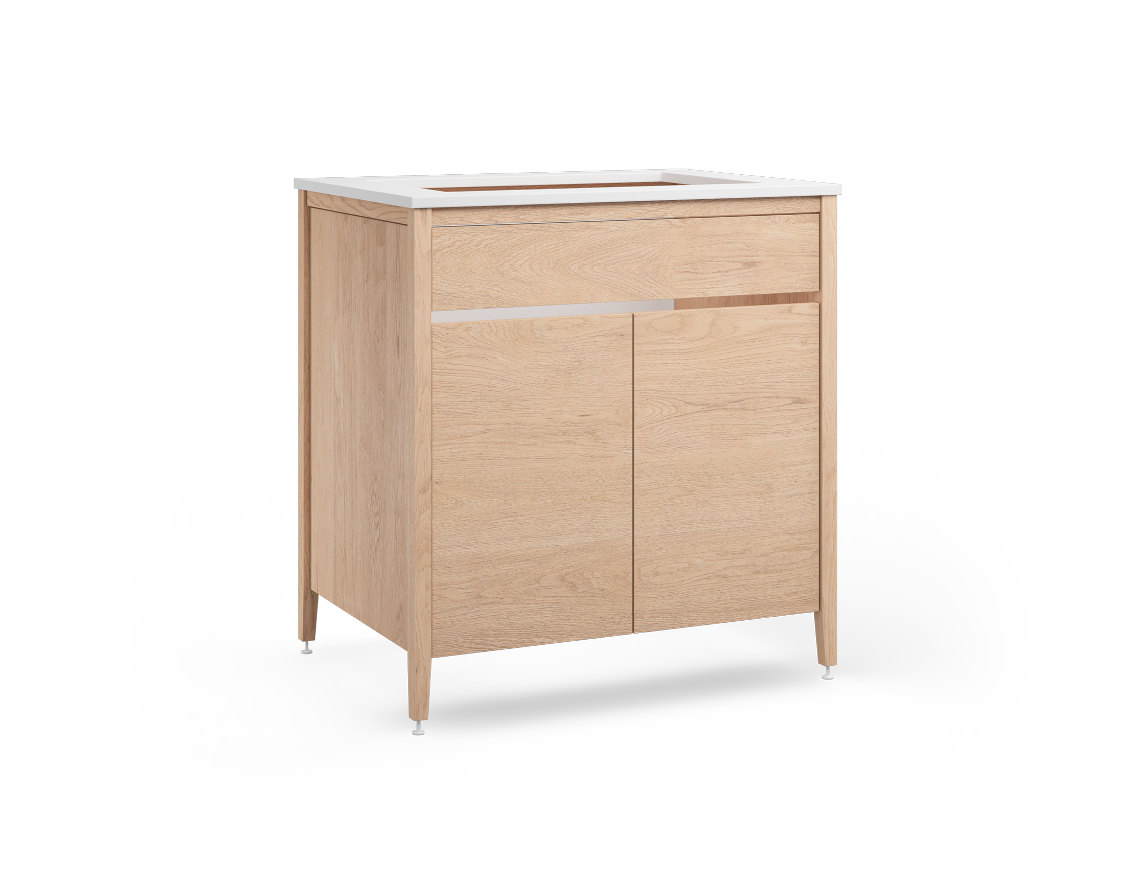 Coquo modular sink cabinet with two doors in natural oak + tall metal back. 