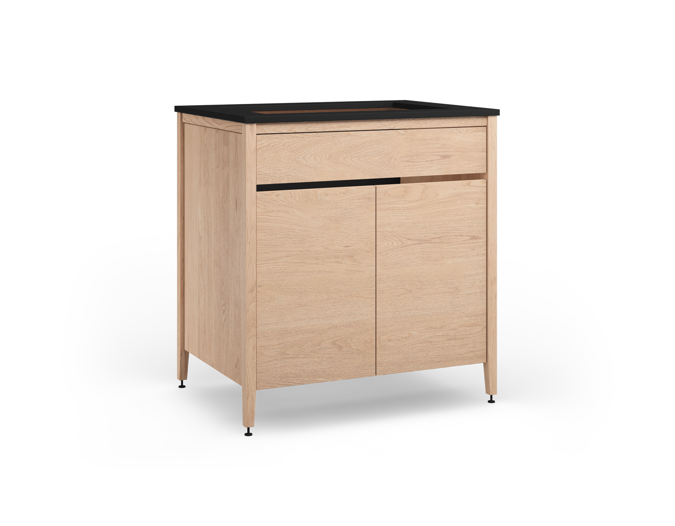 Coquo modular sink cabinet with two doors in natural oak + tall metal back. 