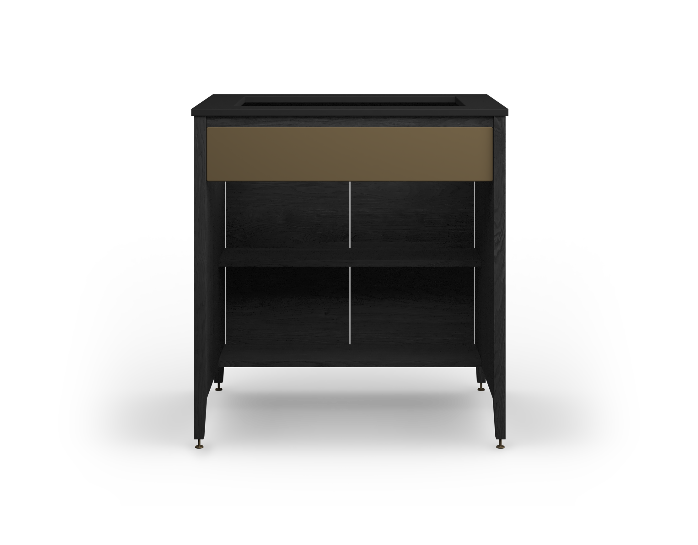 Coquo modular sink cabinet with two doors + two half shelves in black stained oak. 
