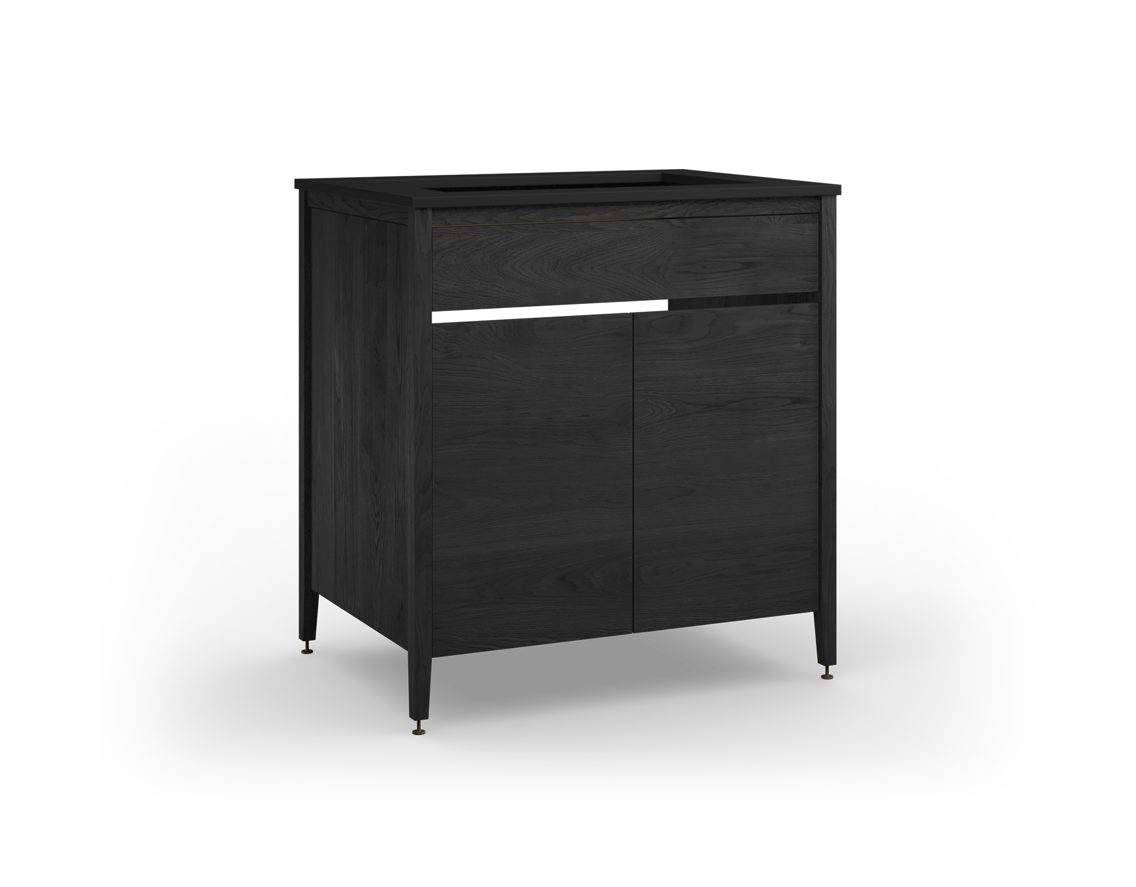 Coquo modular sink cabinet with two doors + half shelf + full shelf in black stained oak. 