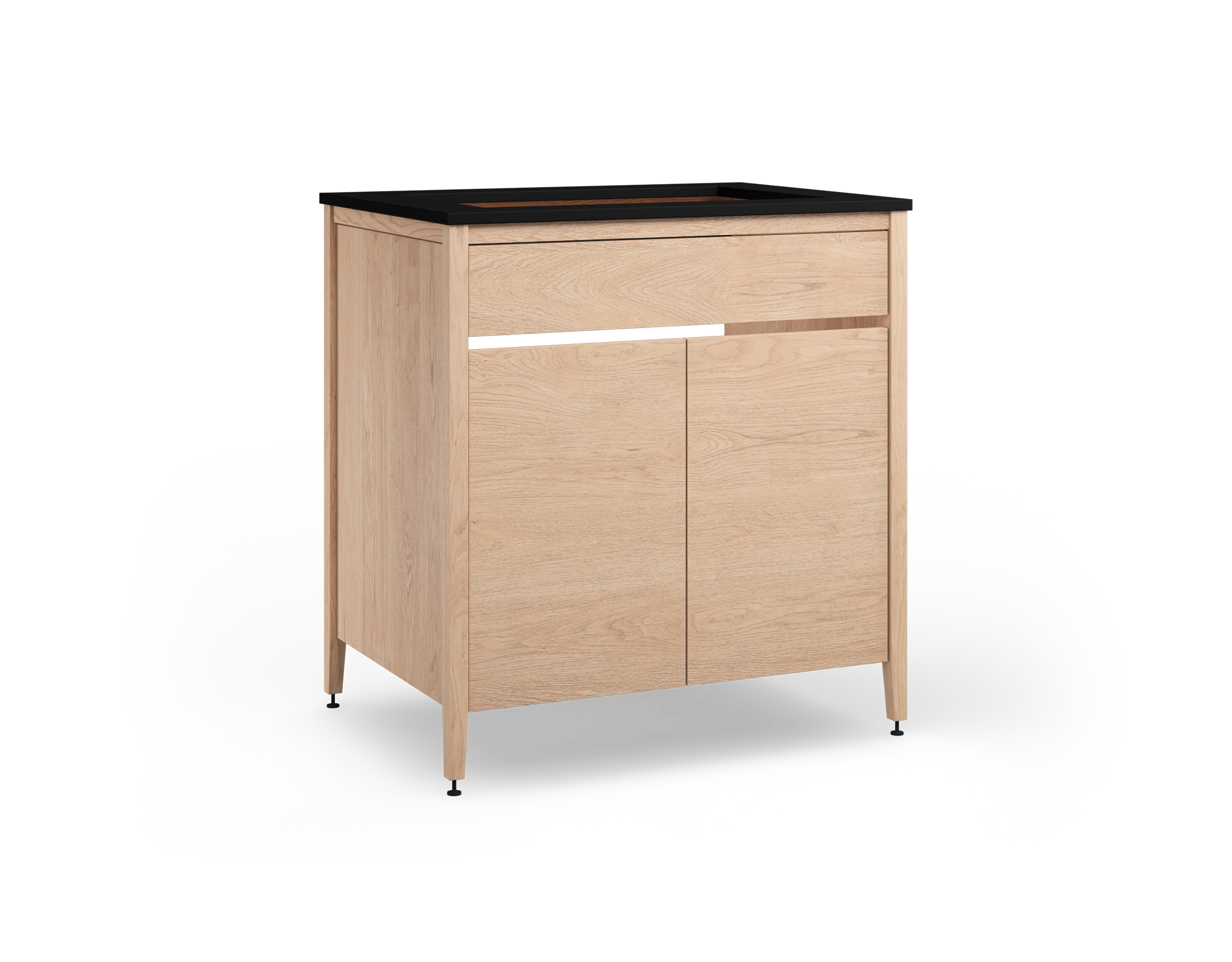 Coquo modular sink cabinet with two doors + half shelf + full shelf in natural oak. 