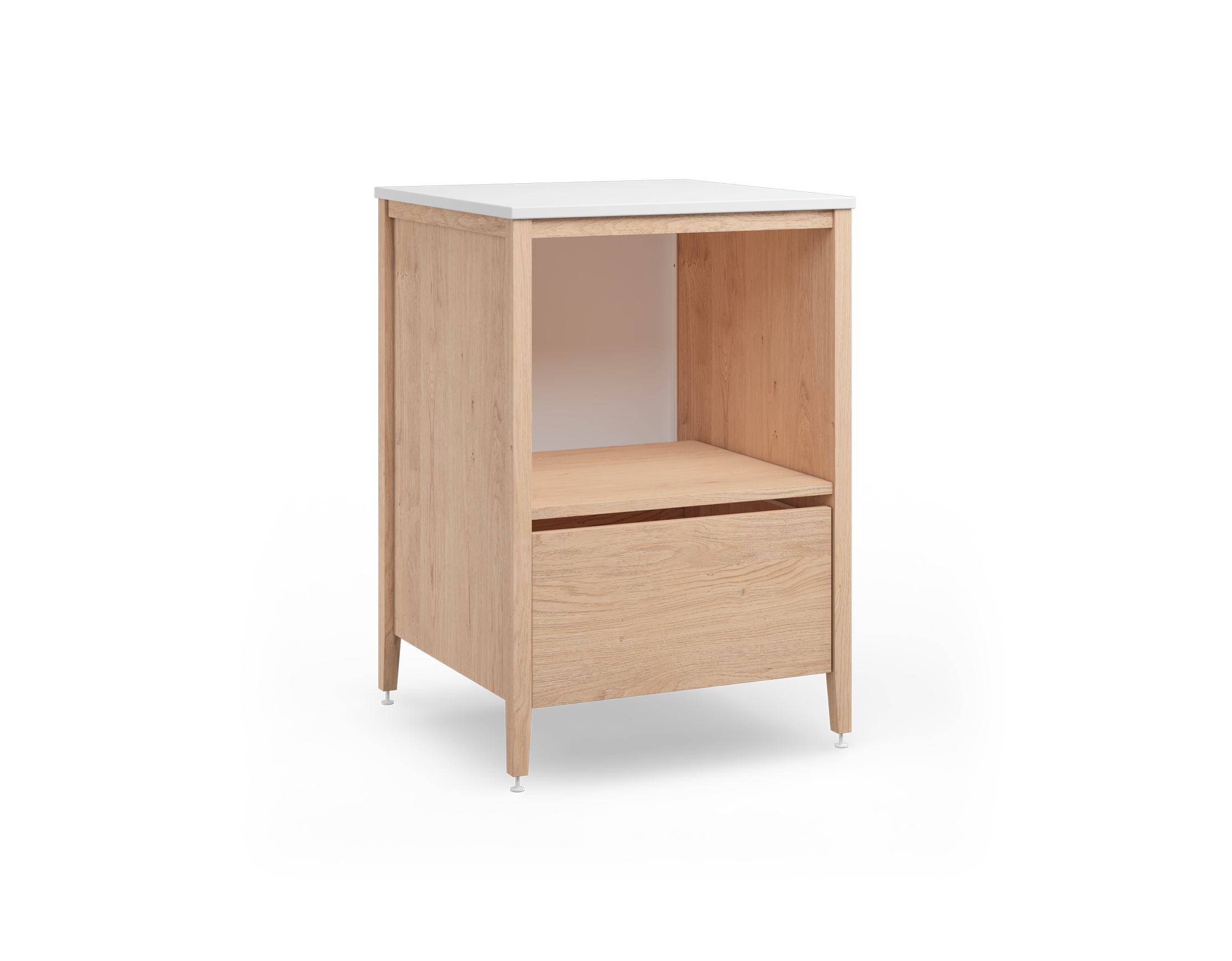 Coquo modular kitchen microwave cabinet with bottom drawer in natural oak. 