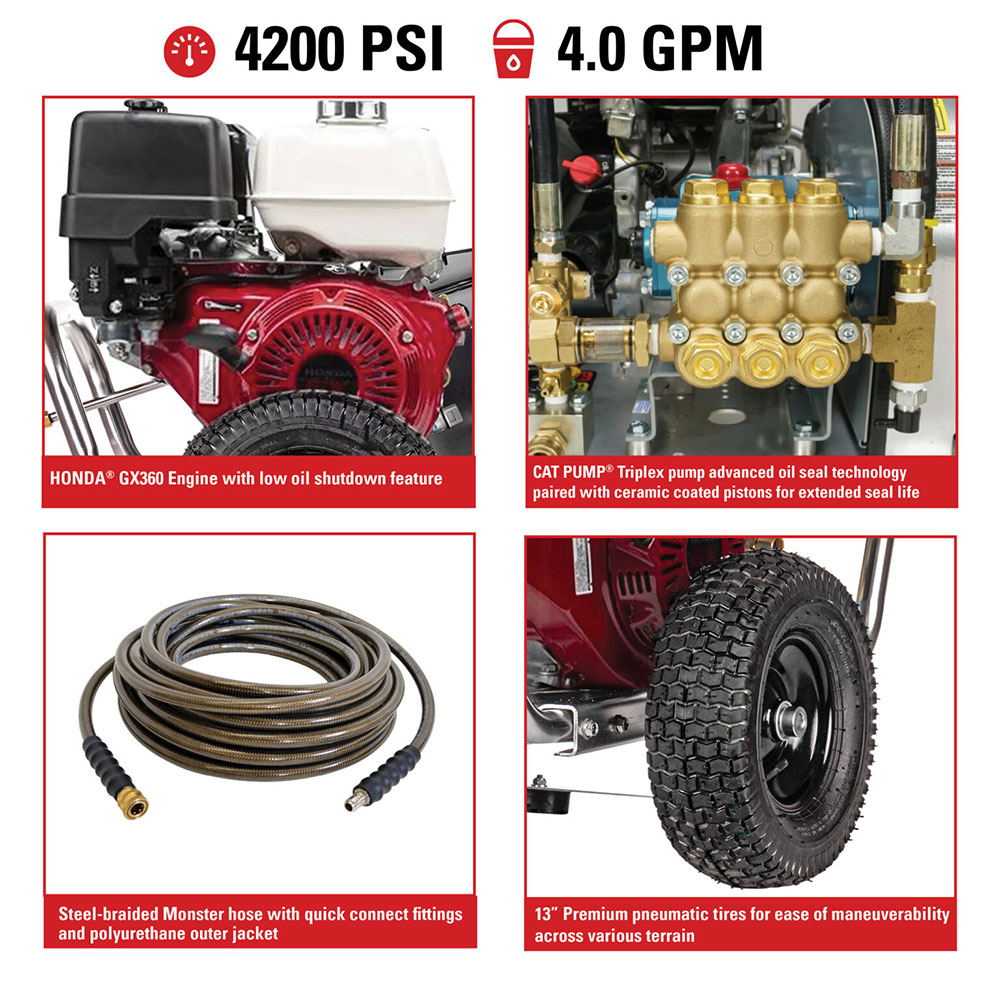 4200 PSI @ 4.0 GPM Belt Drive HONDA GX390 Cold Water Gas Pressure Washer with CAT Triplex Pump