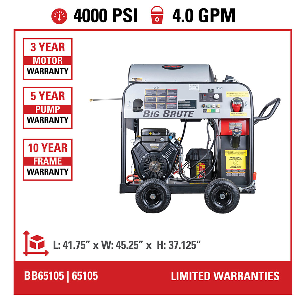 4000 PSI @ 4.0 GPM Direct Drive VANGUARD V-Twin Hot Water Gas Pressure Washer with COMET Triplex Plunger Pump