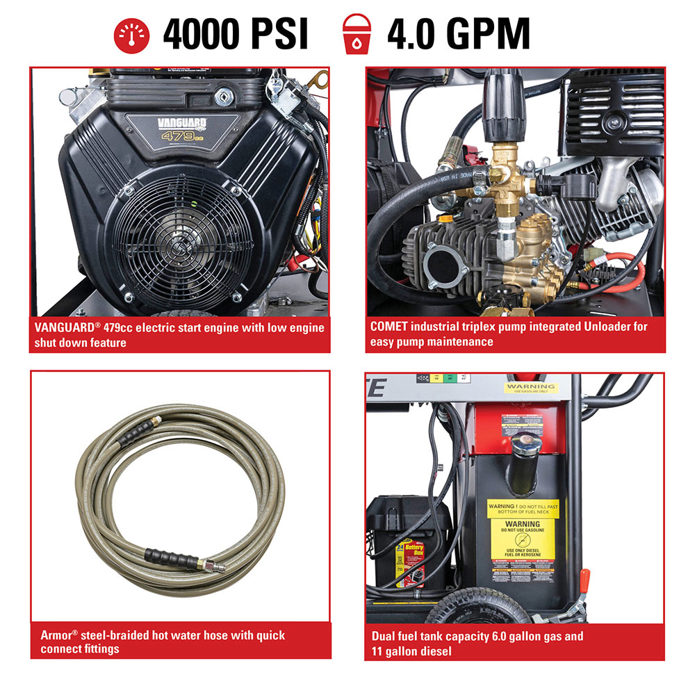4000 PSI @ 4.0 GPM Direct Drive VANGUARD V-Twin Hot Water Gas Pressure Washer with COMET Triplex Plunger Pump