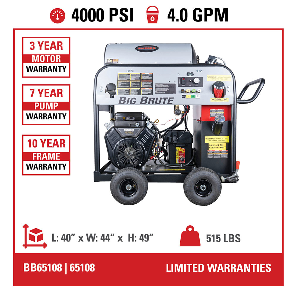 4000 PSI @ 4.0 GPM Gear Drive VANGUARD V-Twin Hot Water Gas Pressure Washer with UDOR Triplex Plunger Pump