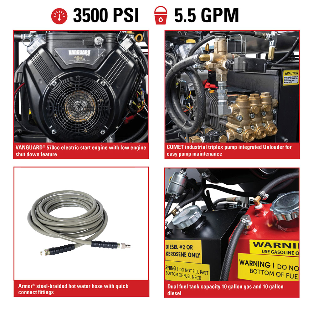 3500 PSI @ 5.5 GPM Belt Drive VANGUARD 570cc Hot Water Gas Pressure Washer with COMET Triplex Plunger Pump