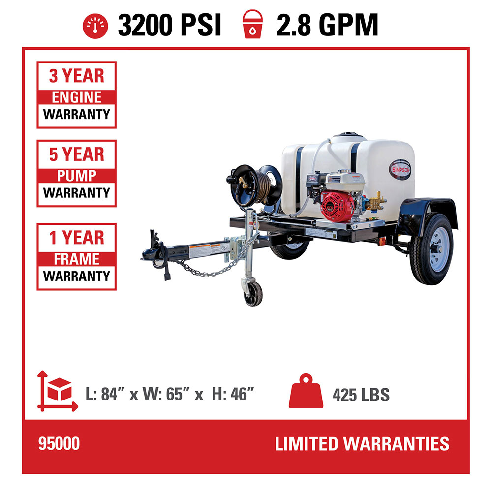 3200 PSI @ 2.8 GPM Direct Drive Honda GX200 Cold Water Gas Pressure Washer Trailer with CAT Triplex Plunger Pump
