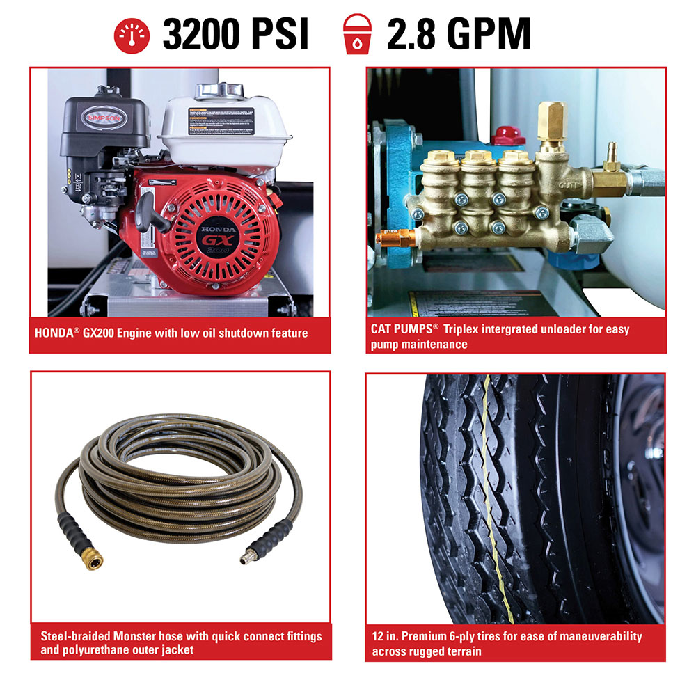 3200 PSI @ 2.8 GPM Direct Drive Honda GX200 Cold Water Gas Pressure Washer Trailer with CAT Triplex Plunger Pump
