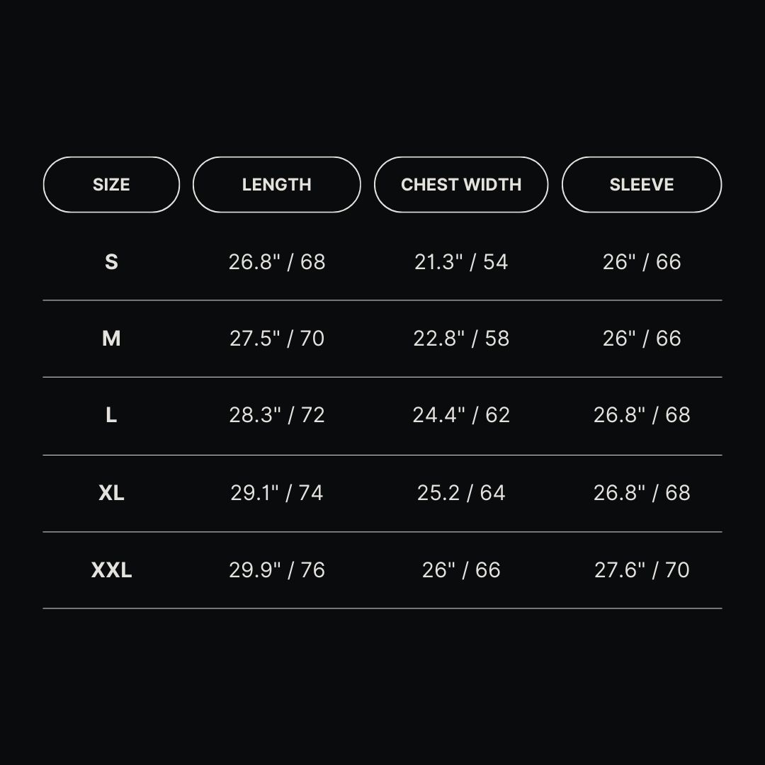 fluid Rider Hoodie Size Chart (inch / cm)