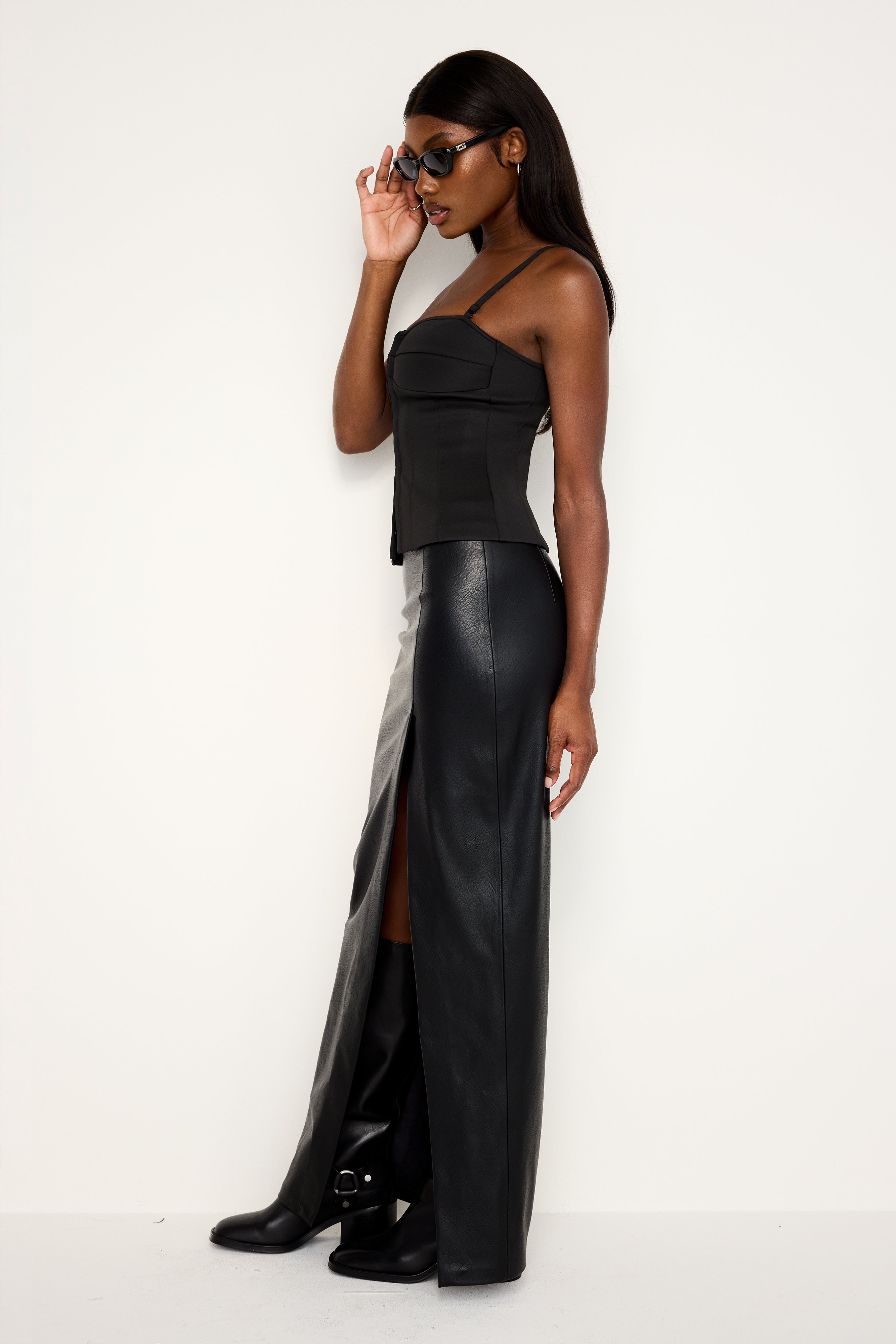 Styled with FAUX LEATHER MAXI SKIRT | BLACK001