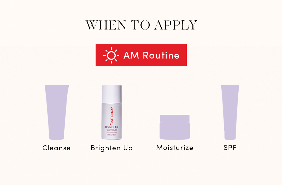 When to apply: AM Routine
Cleanse, Brighten Up Toner, Moisturize, SPF