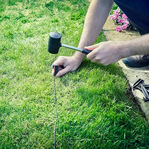Person fixing robot mower boundary wire with pegs to lawn