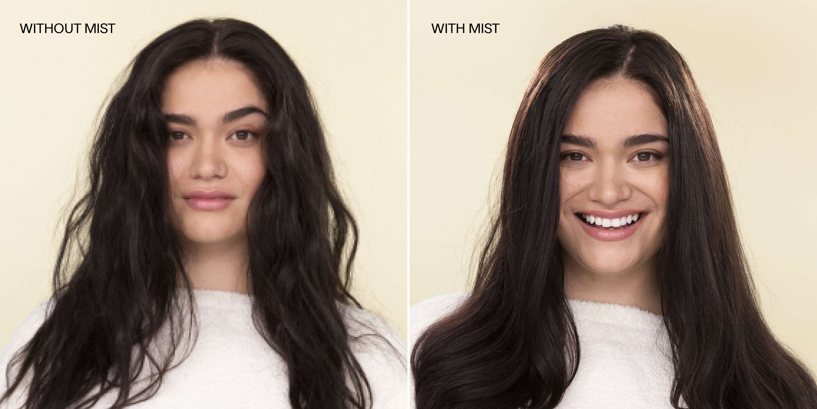 Model with long dark brown hair on a cream background. Left image shows image of model without Complete Conditioning Mist in hair, right image shows model with Complete Conditioning Mist in hair. 