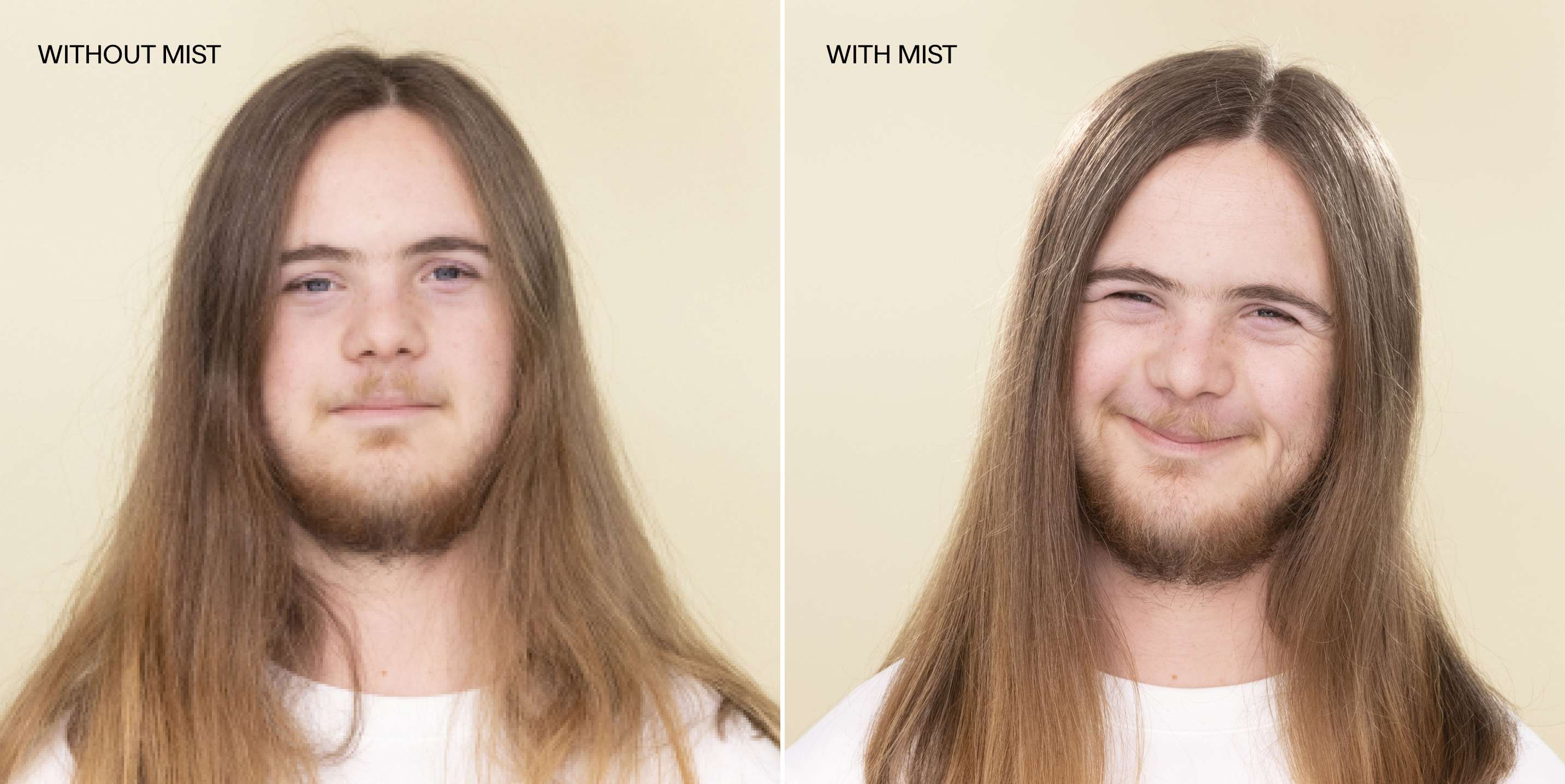 Model with long dirty-blonde hair on a cream background. Left image shows image of model without Complete Conditioning Mist in hair, right image shows model with Complete Conditioning Mist in hair. 